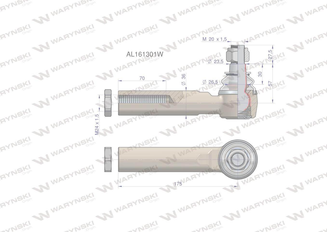 Przegub kierowniczy 175mm- M24x1,5 AL161301 WARYŃSKI AL161301W - zdjęcie 2