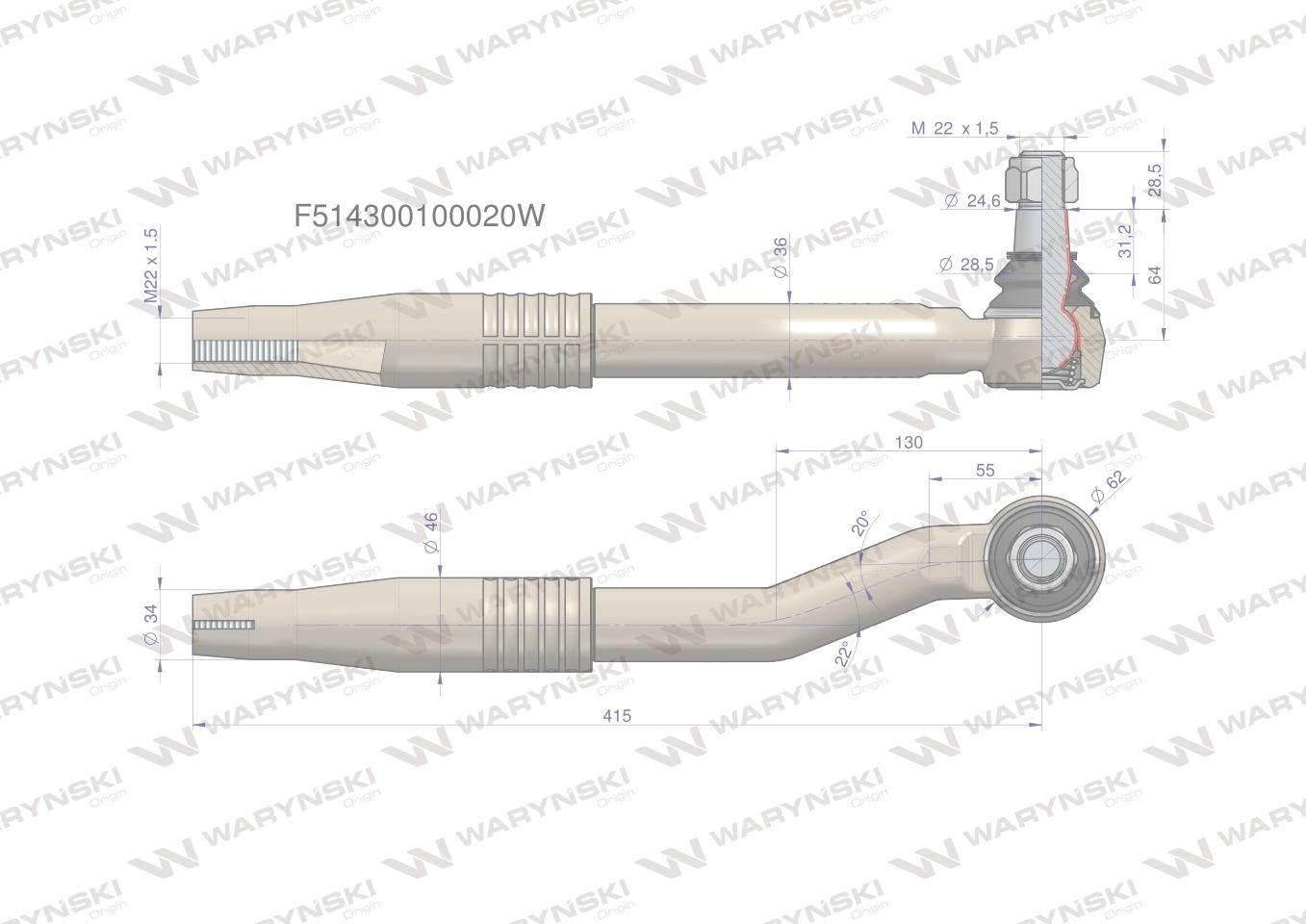 Przegub kierowniczy lewy 415mm- M22x1,5 F514300100020 WARYŃSKI - zdjęcie 2
