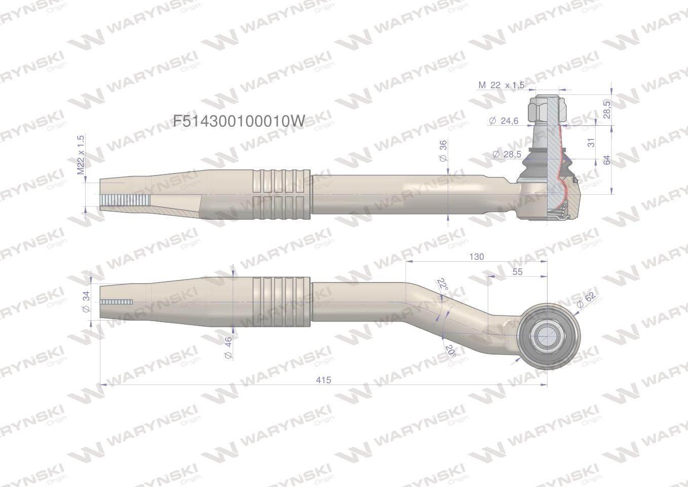 Przegub kierowniczy prawy 415mm- M22x1,5 F514300100010 WARYŃSKI - zdjęcie 2
