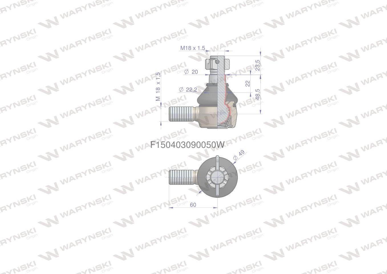 Przegub kierowniczy 60mm- M18x1,5 F150403090050 WARYŃSKI F150403090050W - zdjęcie 2