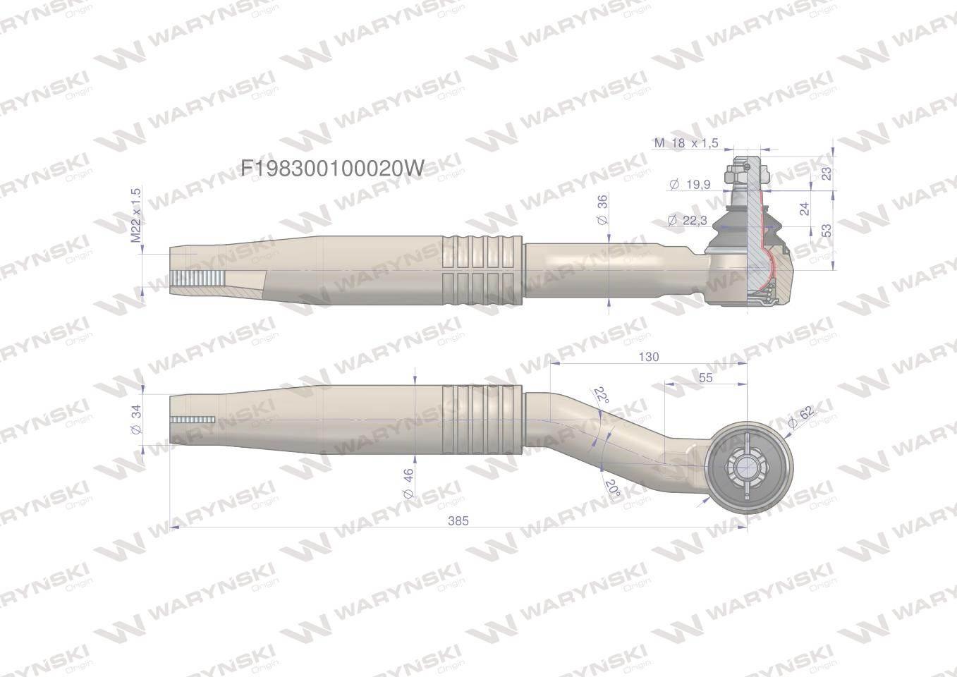 Przegub kierowniczy prawy 385mm- M22x1,5 F198300100020 WARYŃSKI - zdjęcie 2
