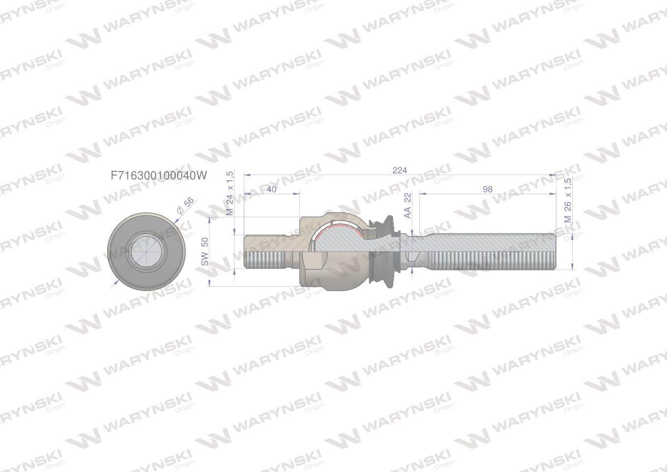 Przegub kierowniczy 224mm- M24x1,5; M26x1,5 F716300100040 WARYŃSKI - zdjęcie 2