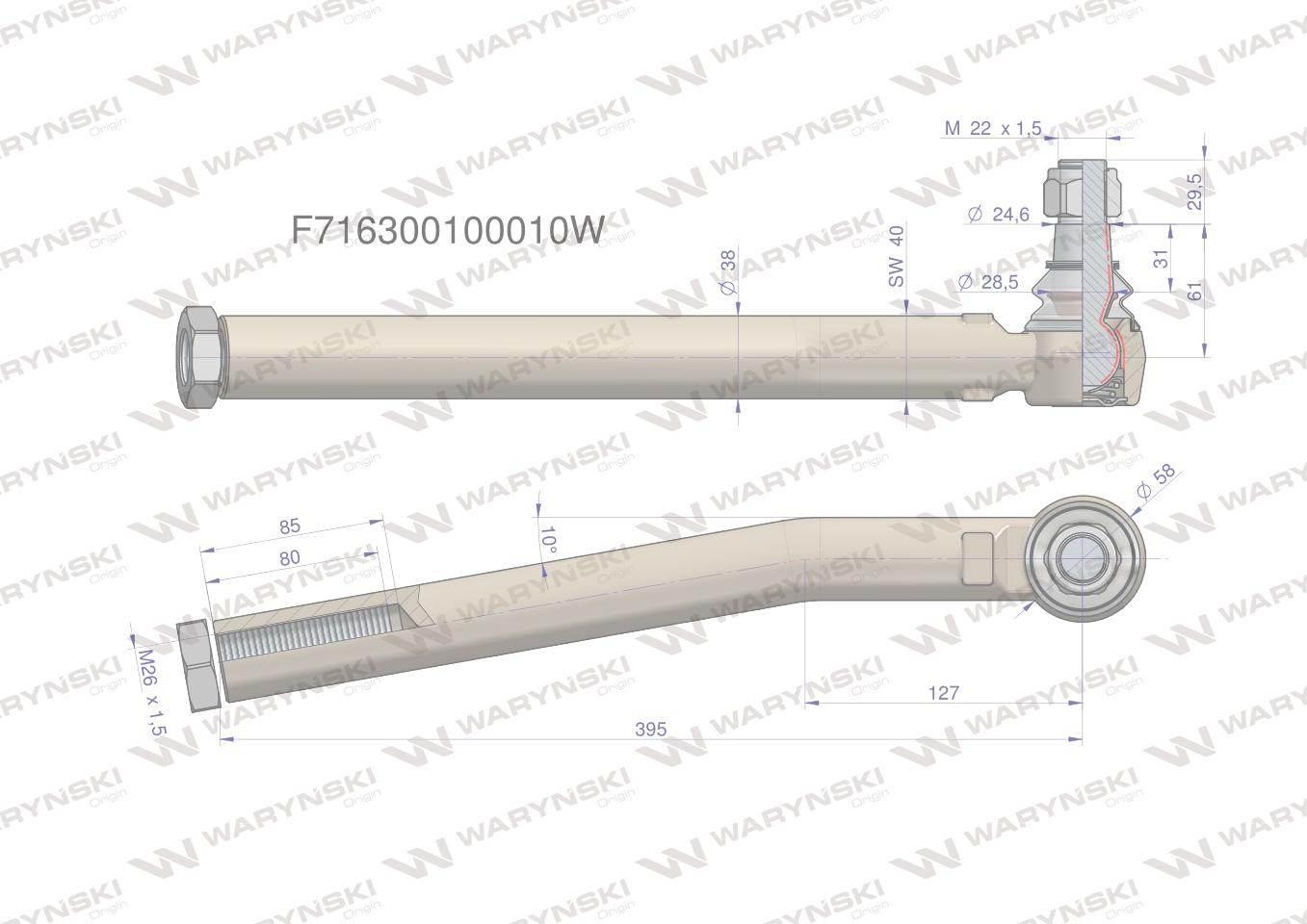 Przegub kierowniczy lewy 395mm- M26x1,5 F716300100010 WARYŃSKI - zdjęcie 2