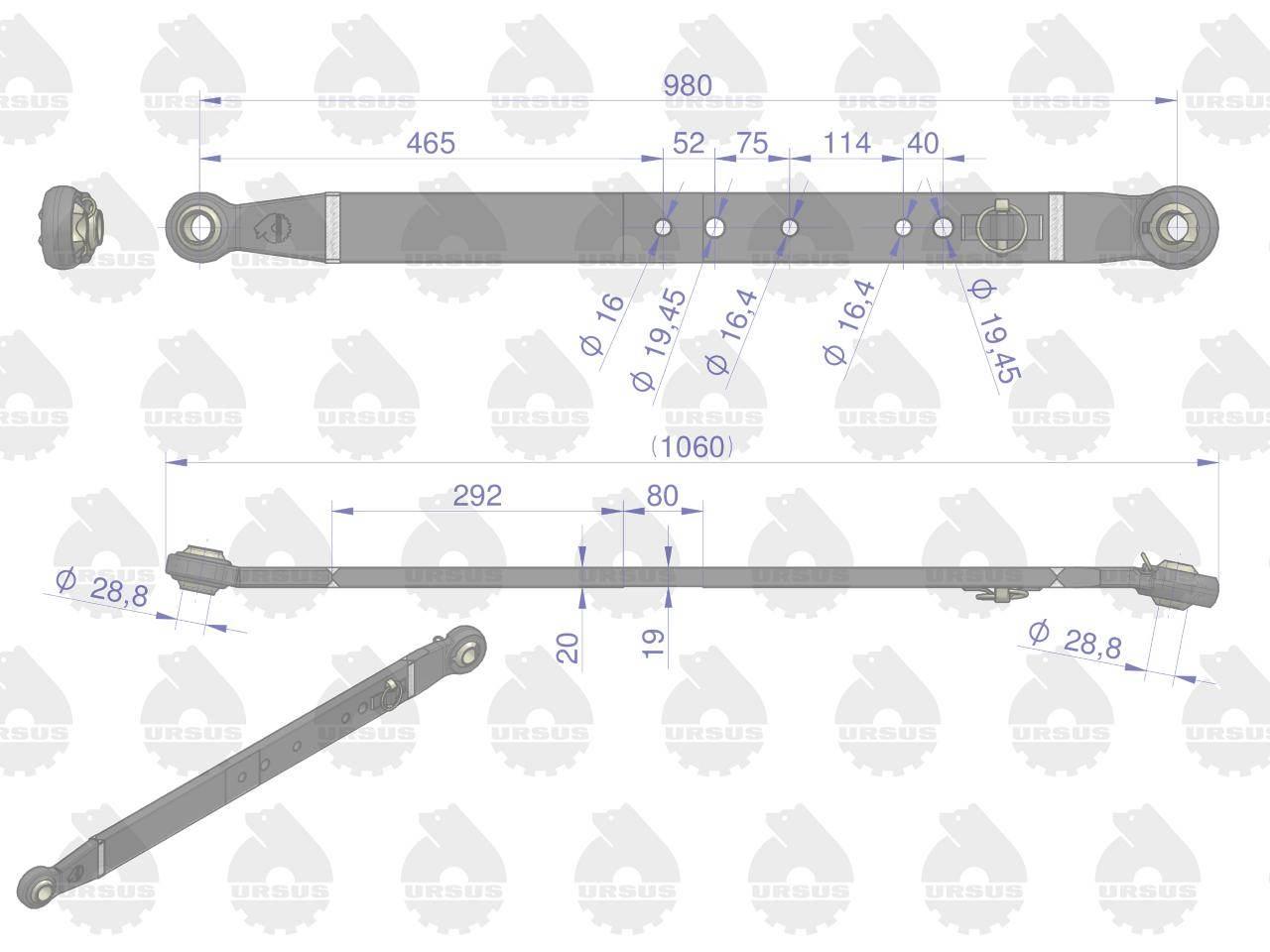 Cięgło dźwignia dolna (L-980mm) MF-255, 3512, 3514 MF3 ORYGINAŁ URSUS - zdjęcie 4