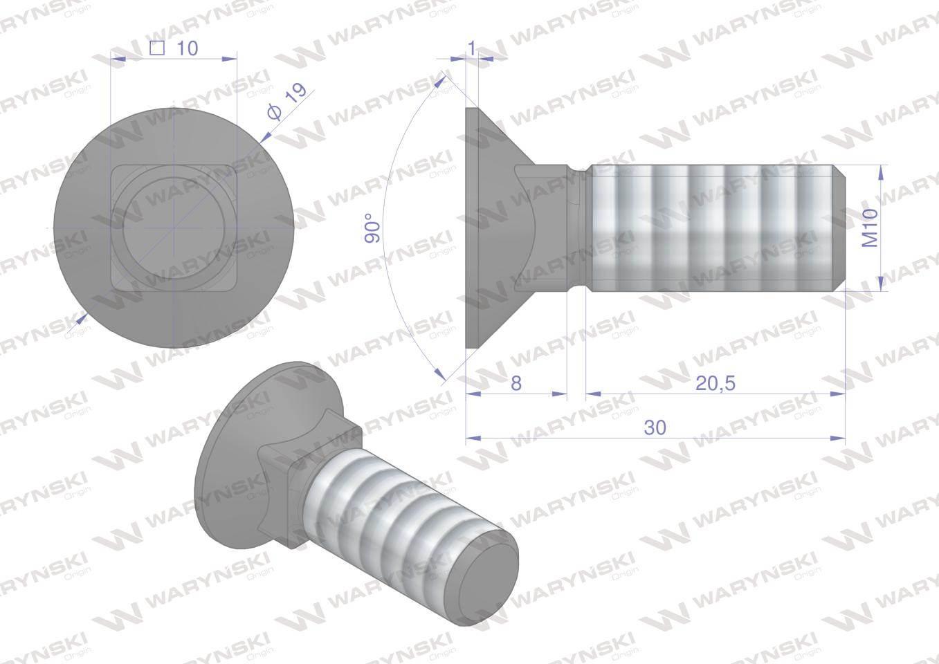 Śruba kpl. płużna podsadzana D 608 M10x30 mm kl.10.9 Waryński 25szt - zdjęcie 4