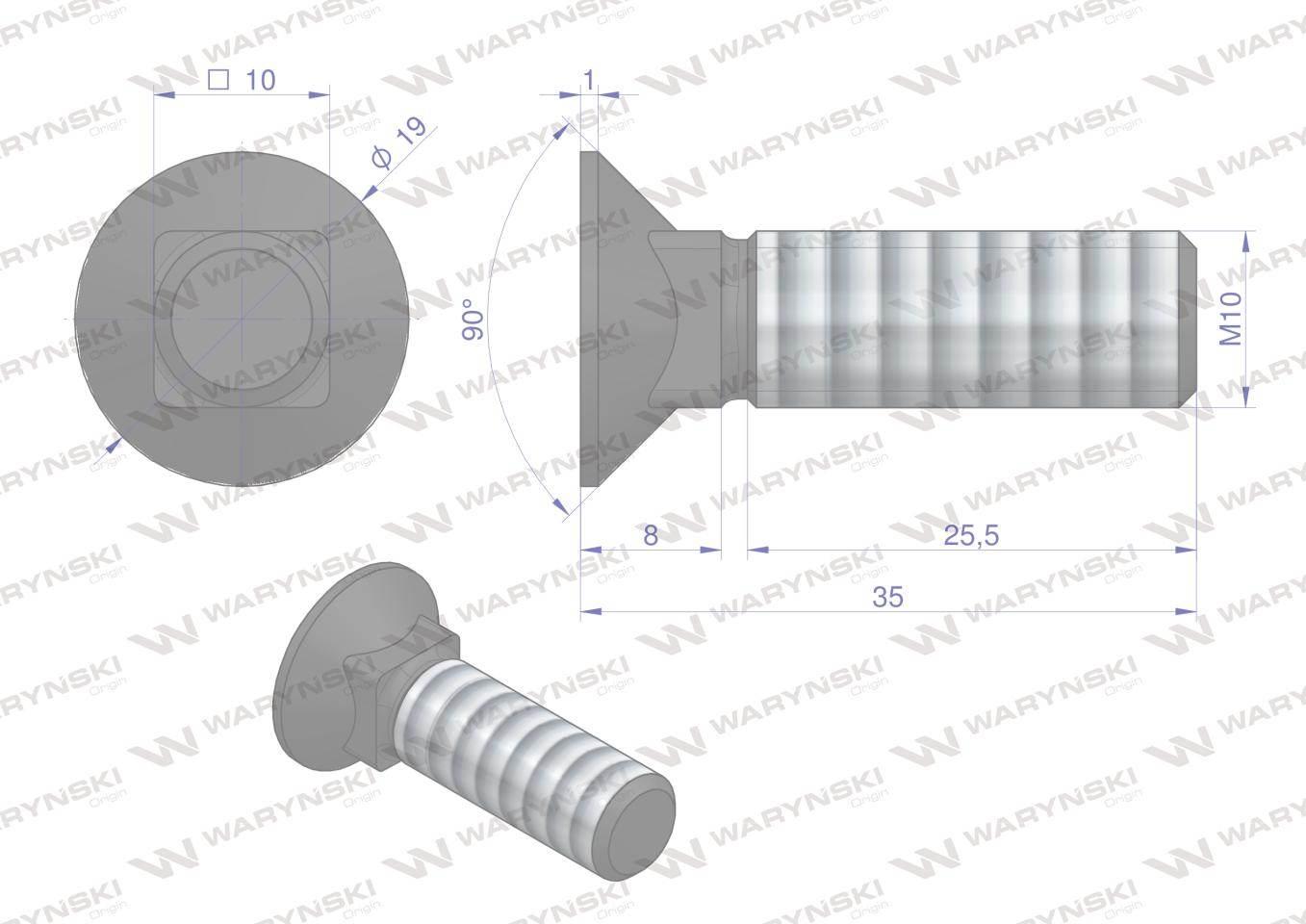 Śruba kpl. płużna podsadzana D 608 M10x35 mm kl.10.9 Waryński 25szt - zdjęcie 4
