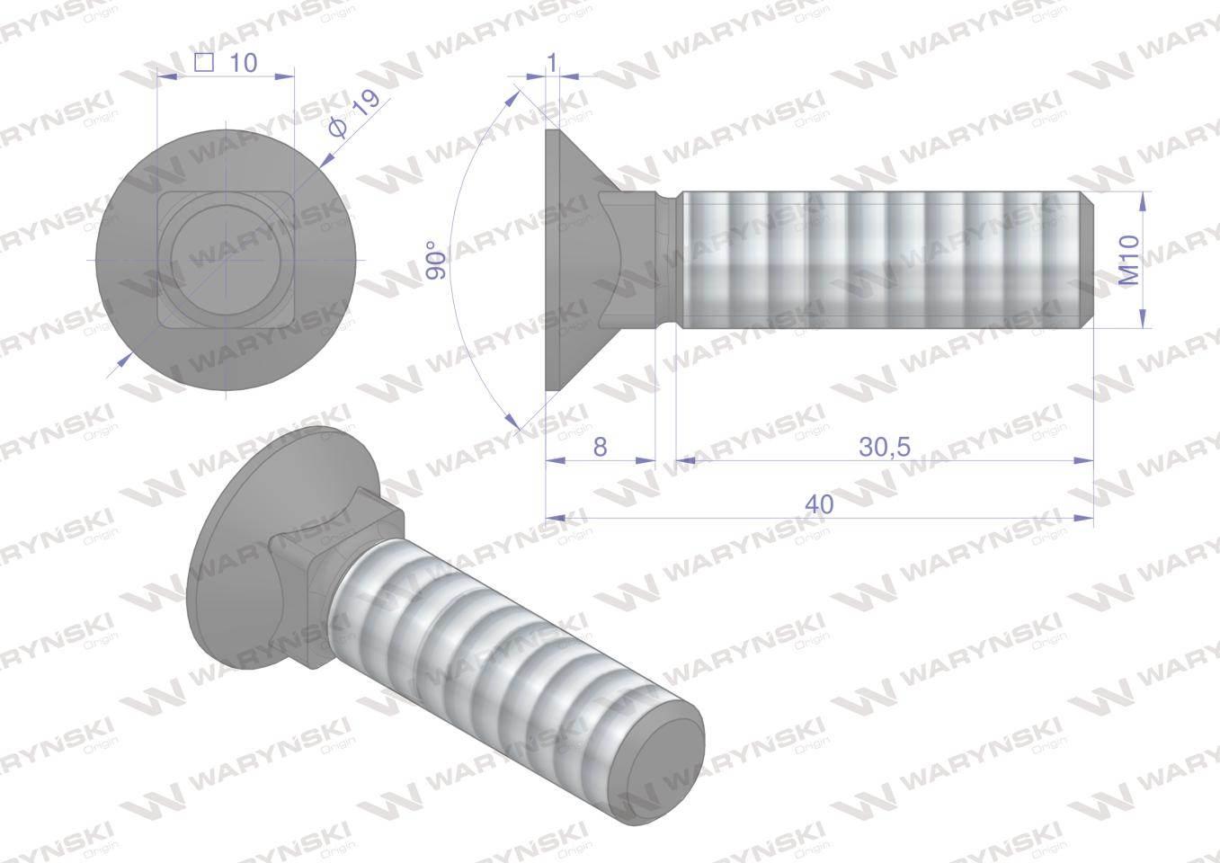 Śruba kpl. płużna podsadzana D 608 M10x40 mm kl.10.9 Waryński 25szt - zdjęcie 4