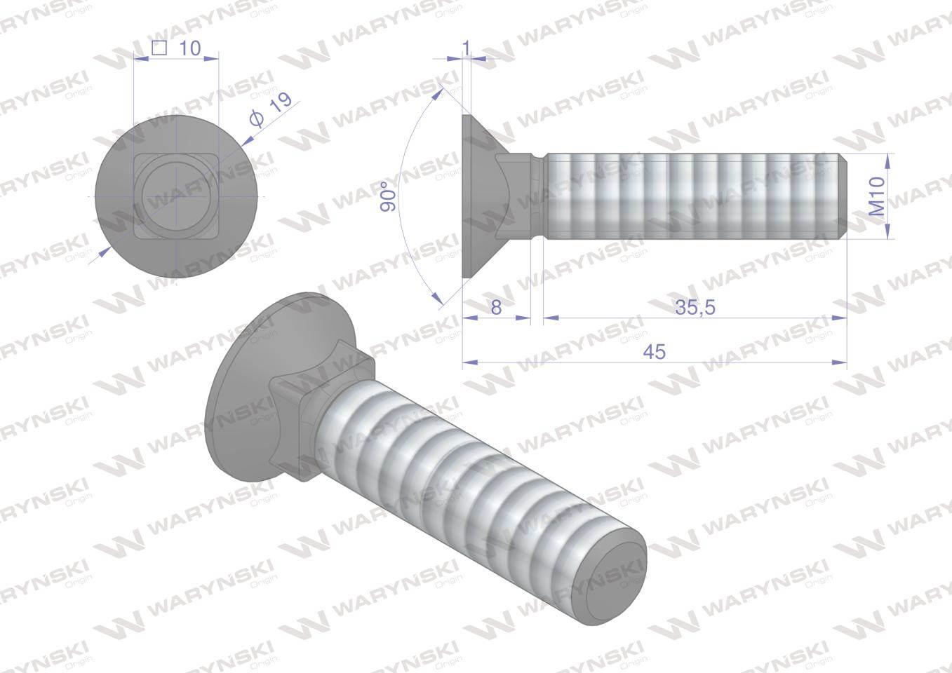 Śruba kpl. płużna podsadzana D 608 M10x45 mm kl.10.9 Waryński 25szt - zdjęcie 4