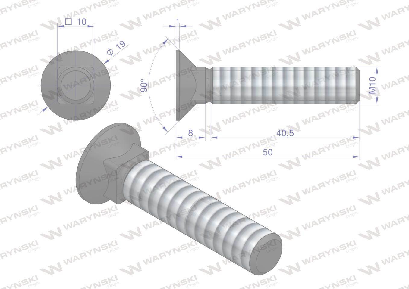 Śruba kpl. płużna podsadzana D 608 M10x50 mm kl.10.9 Waryński 25szt - zdjęcie 4