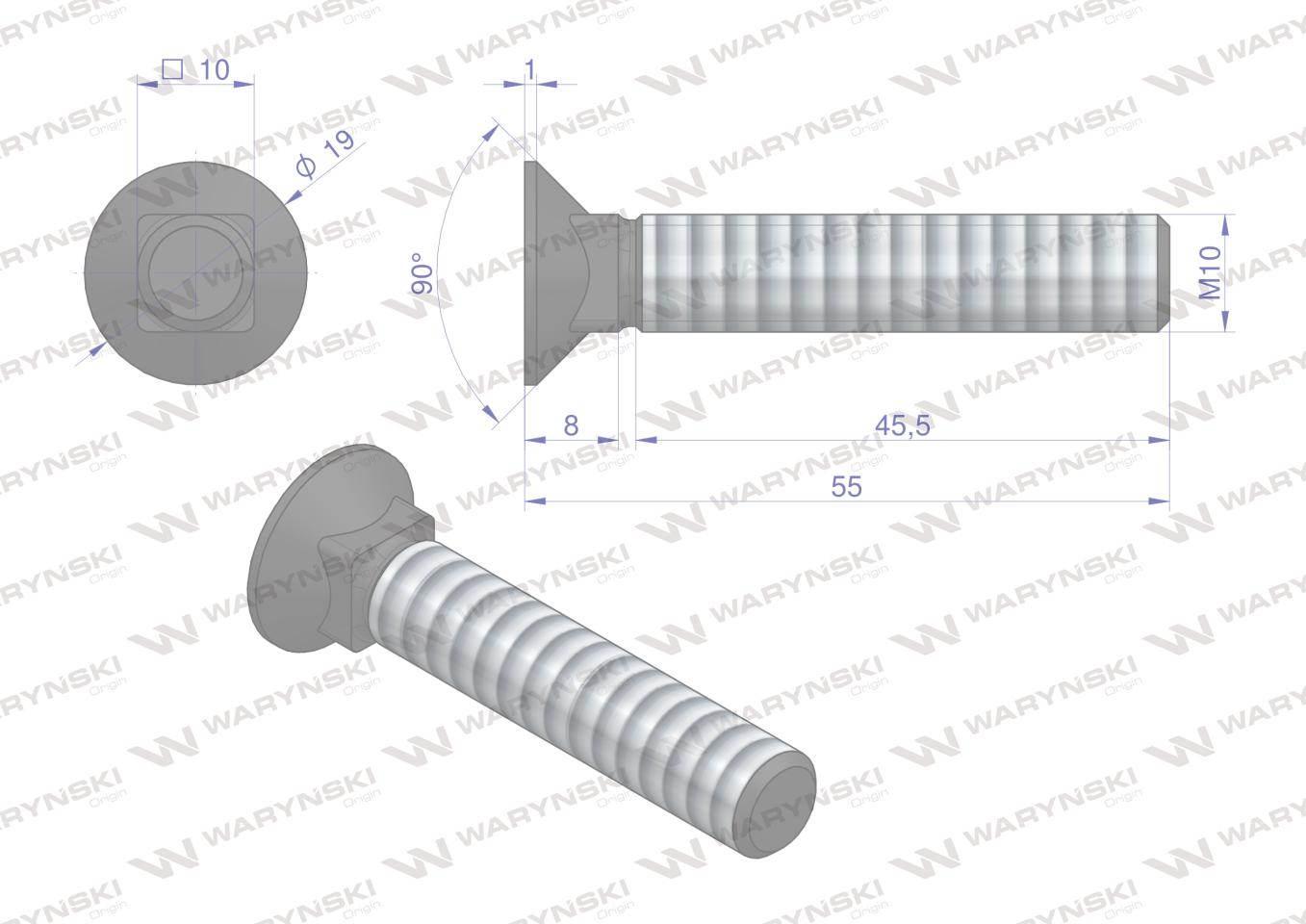 Śruba kpl. płużna podsadzana D 608 M10x55 mm kl.10.9 Waryński 25szt - zdjęcie 4