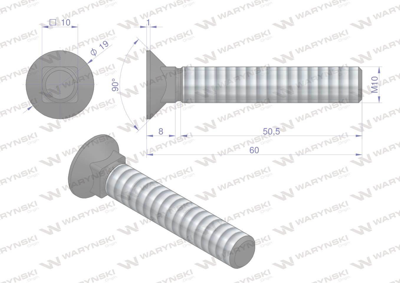 Śruba kpl. płużna podsadzana D 608 M10x60 mm kl.10.9 Waryński 25szt - zdjęcie 4
