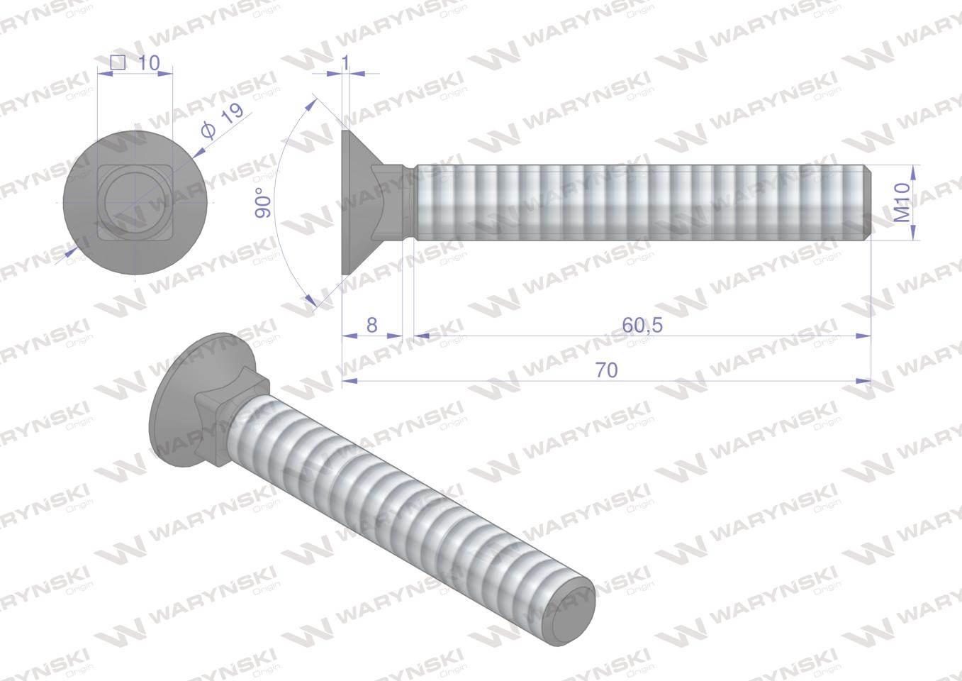 Śruba kpl. płużna podsadzana D 608 M10x70 mm kl.10.9 Waryński 25szt - zdjęcie 4