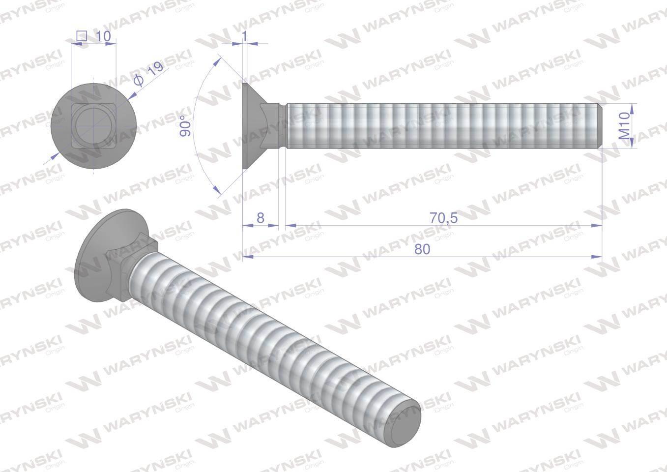 Śruba kpl. płużna podsadzana D 608 M10x80 mm kl.10.9 Waryński 25szt - zdjęcie 4