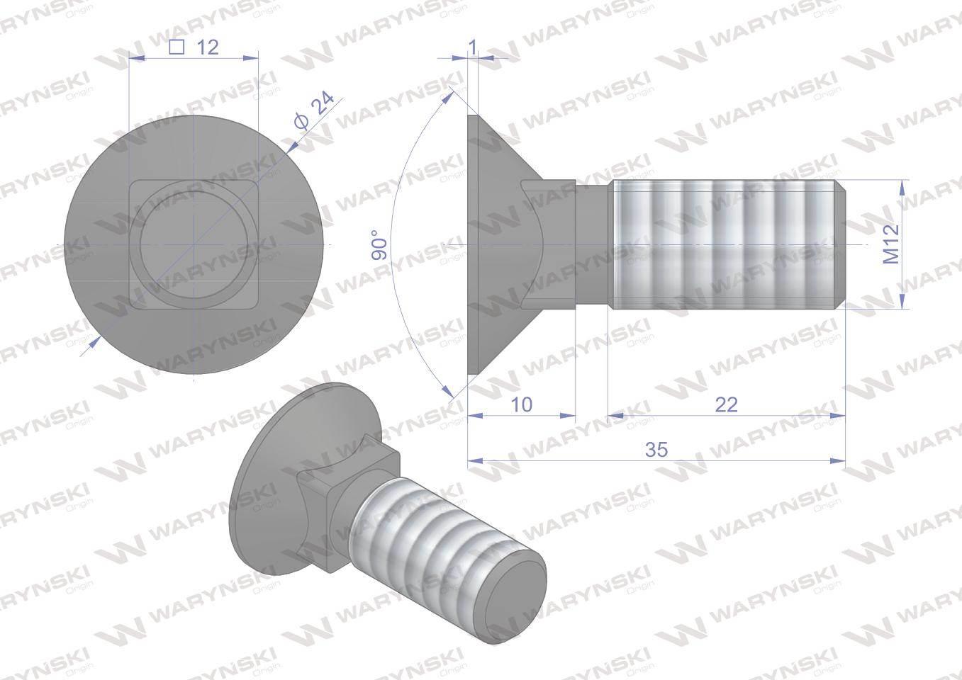Śruba kpl. płużna podsadzana D 608 M12x35 mm kl.10.9 Waryński 25szt - zdjęcie 5