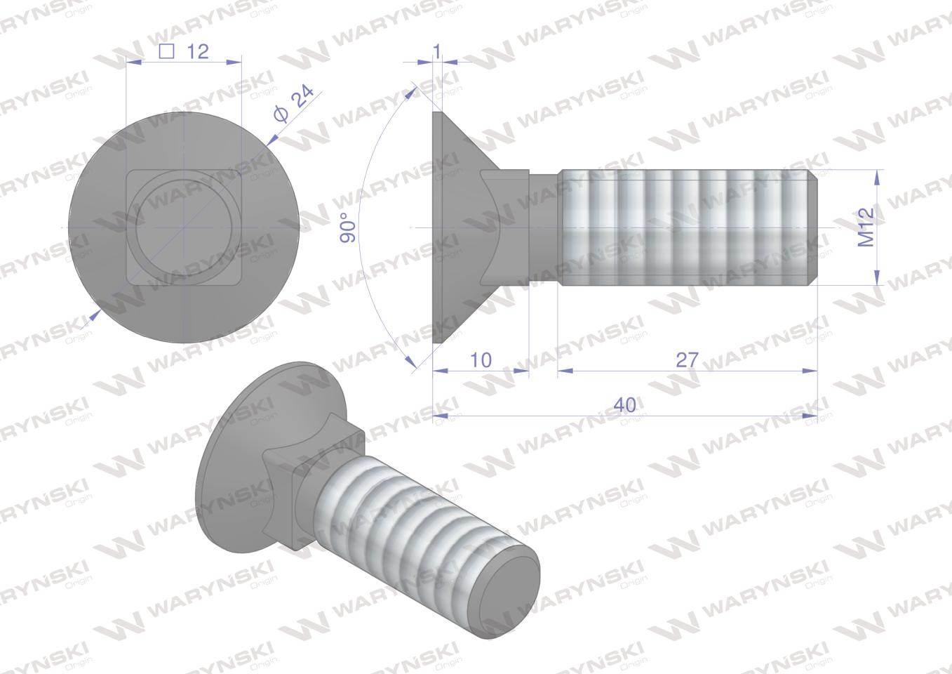 Śruba kpl. płużna podsadzana D 608 M12x40 mm kl.10.9 Waryński 25szt - zdjęcie 5