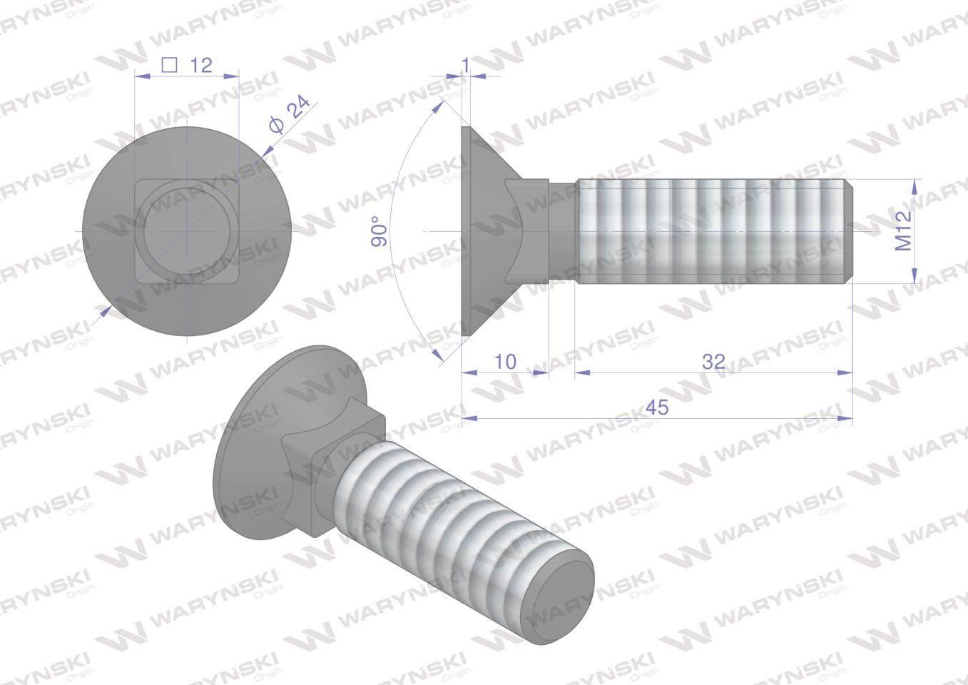 Śruba kpl. płużna podsadzana D 608 M12x45 mm kl.10.9 Waryński 25szt - zdjęcie 5