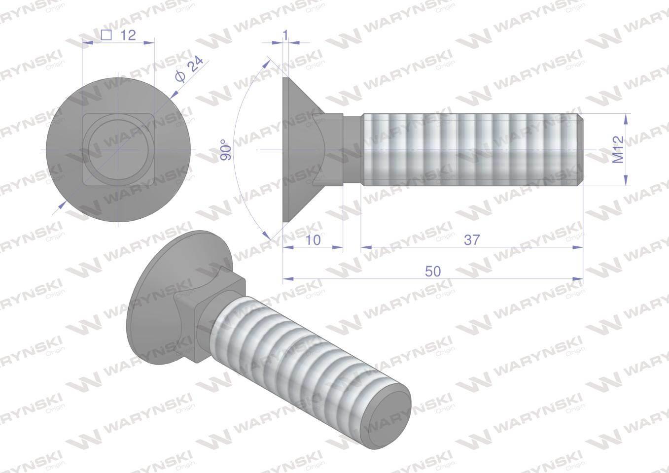 Śruba kpl. płużna podsadzana D 608 M12x50 mm kl.10.9 zastosowanie ząb SX Wa - zdjęcie 5