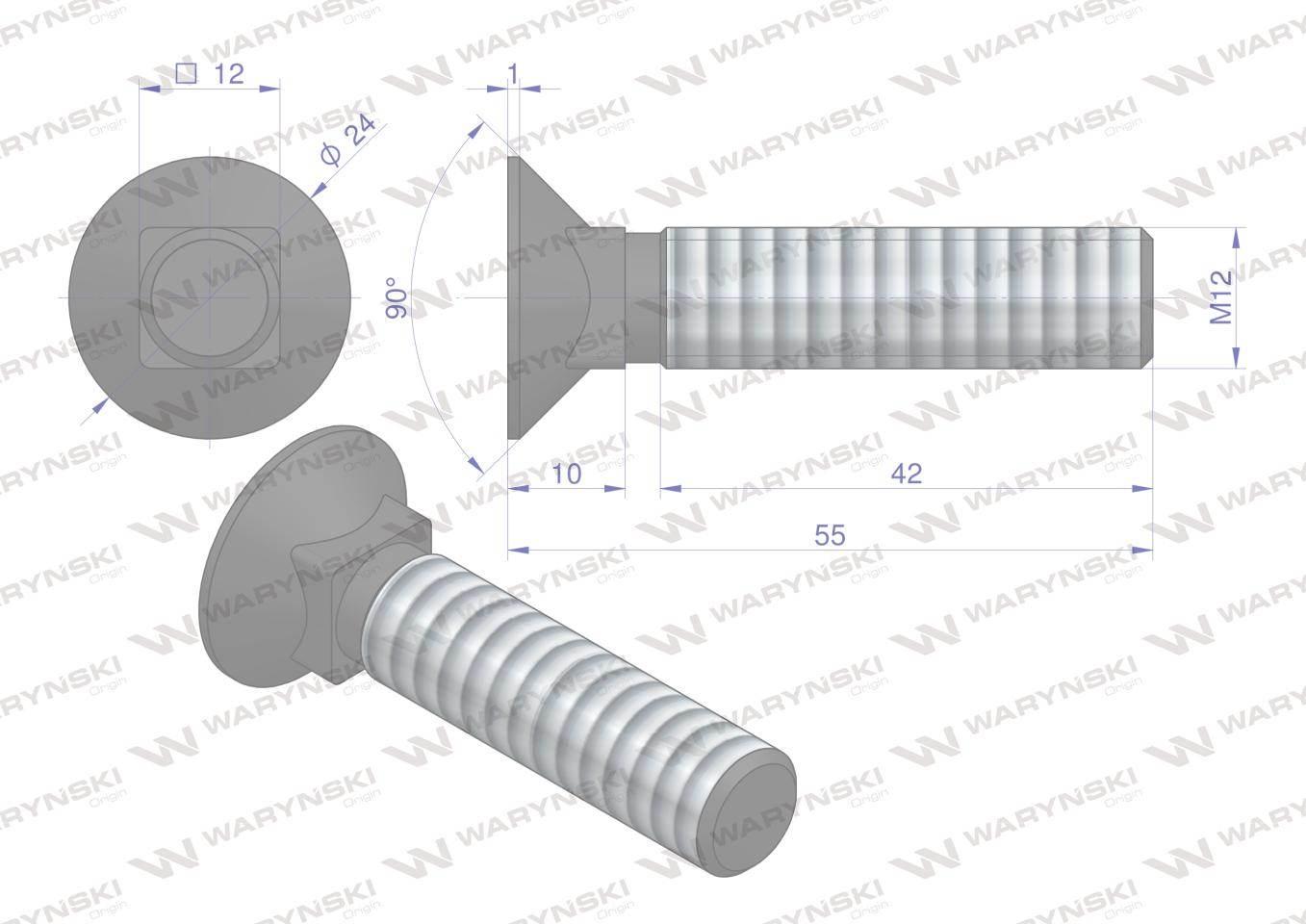 Śruba kpl. płużna podsadzana D 608 M12x55 mm kl.10.9 Waryński 25szt - zdjęcie 5