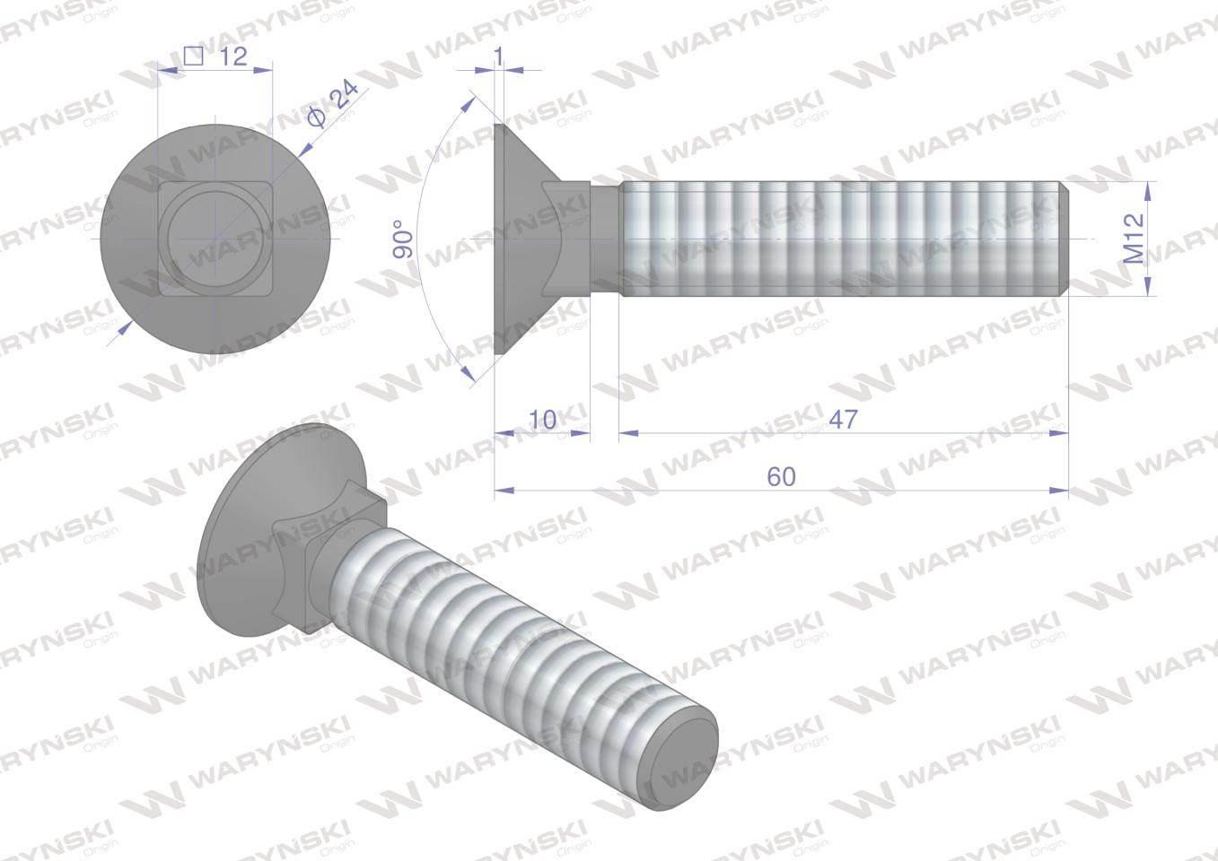 Śruba kpl. płużna podsadzana D 608 M12x60 mm kl.10.9 Waryński 25szt - zdjęcie 5