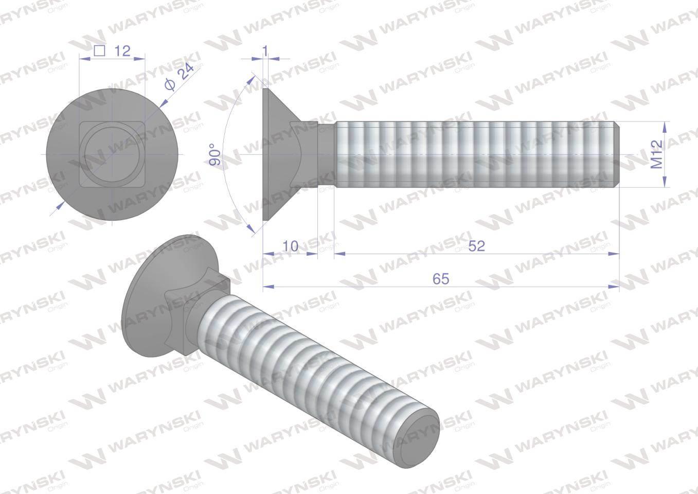 Śruba kpl. płużna podsadzana D 608 M12x65 mm kl.10.9 Waryński 25szt - zdjęcie 5