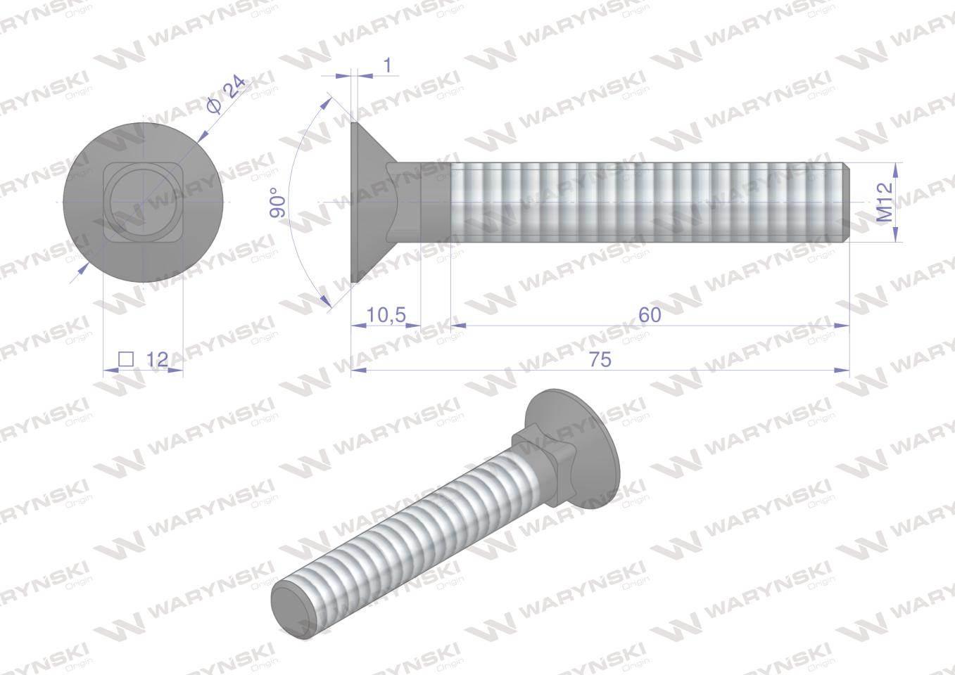 Śruba kpl. płużna podsadzana D 608 M12x75 mm kl.10.9 Waryński 25szt - zdjęcie 5