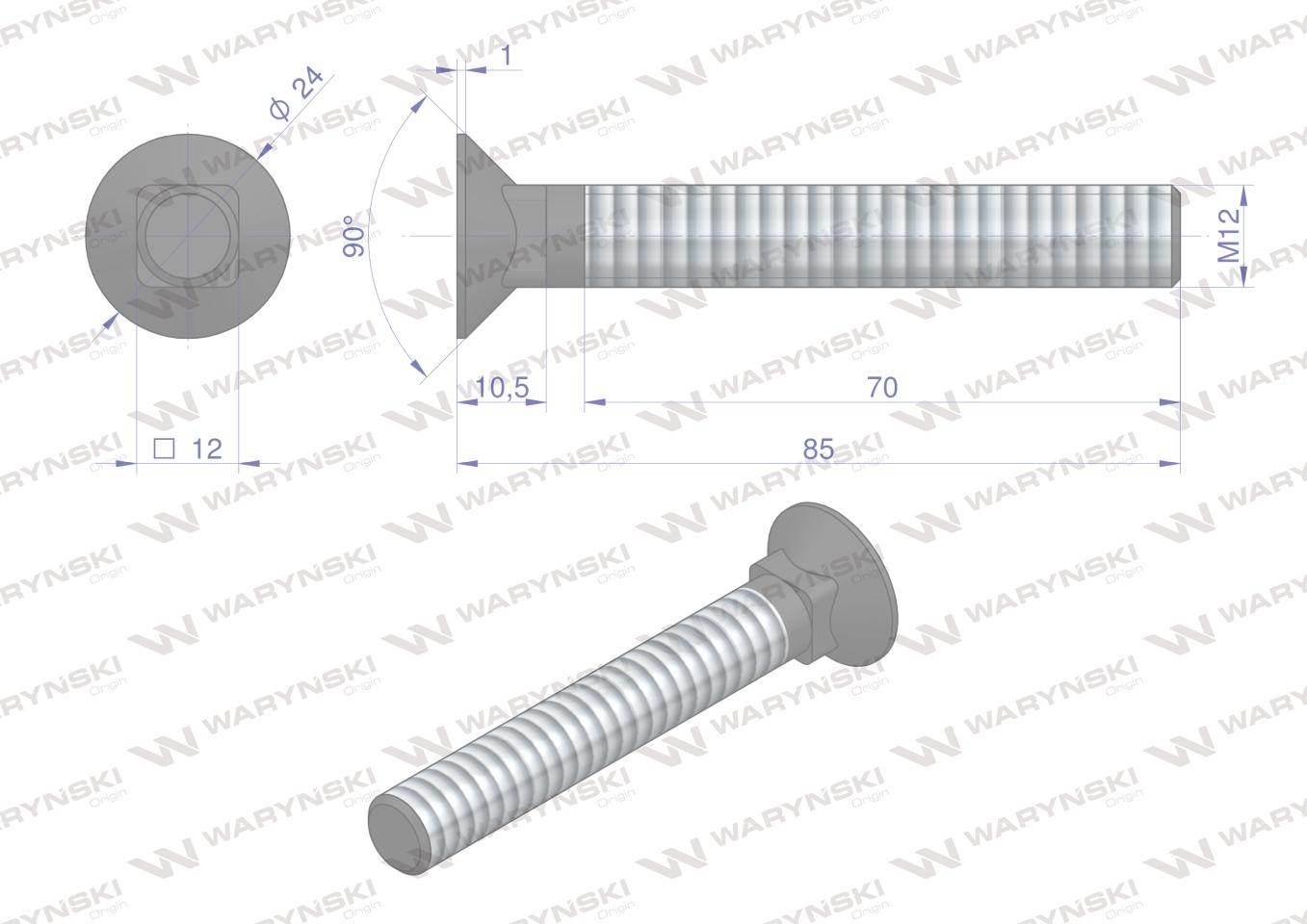Śruba kpl. płużna podsadzana D 608 M12x85 mm kl.10.9 Waryński 25szt - zdjęcie 5