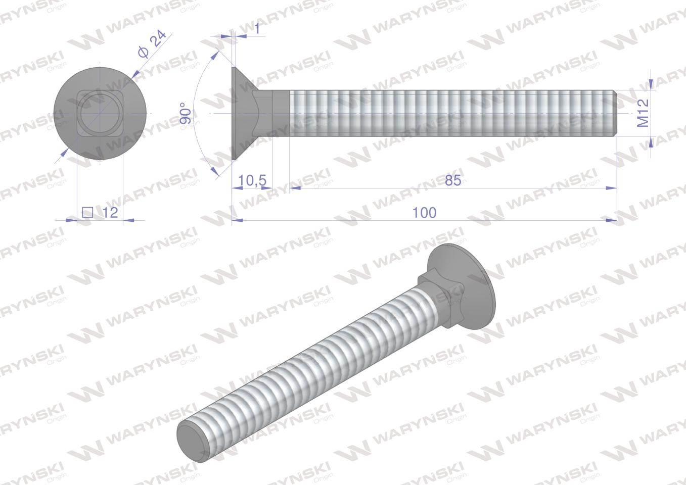 Śruba kpl. płużna podsadzana D 608 M12x100 mm kl.10.9 Waryński 10szt - zdjęcie 5