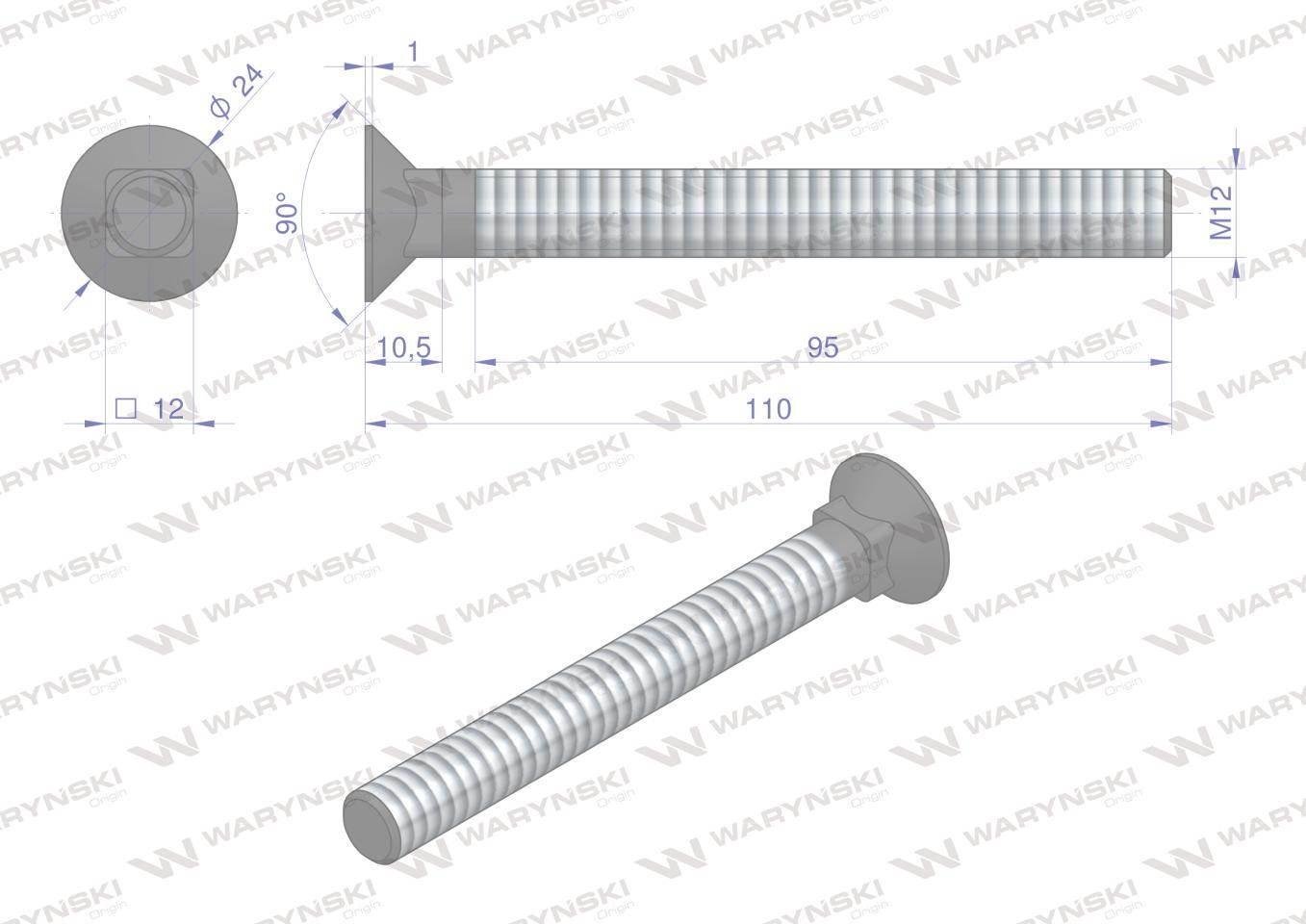 Śruba kpl. płużna podsadzana D 608 M12x110 mm kl.10.9 Waryński 10szt - zdjęcie 4