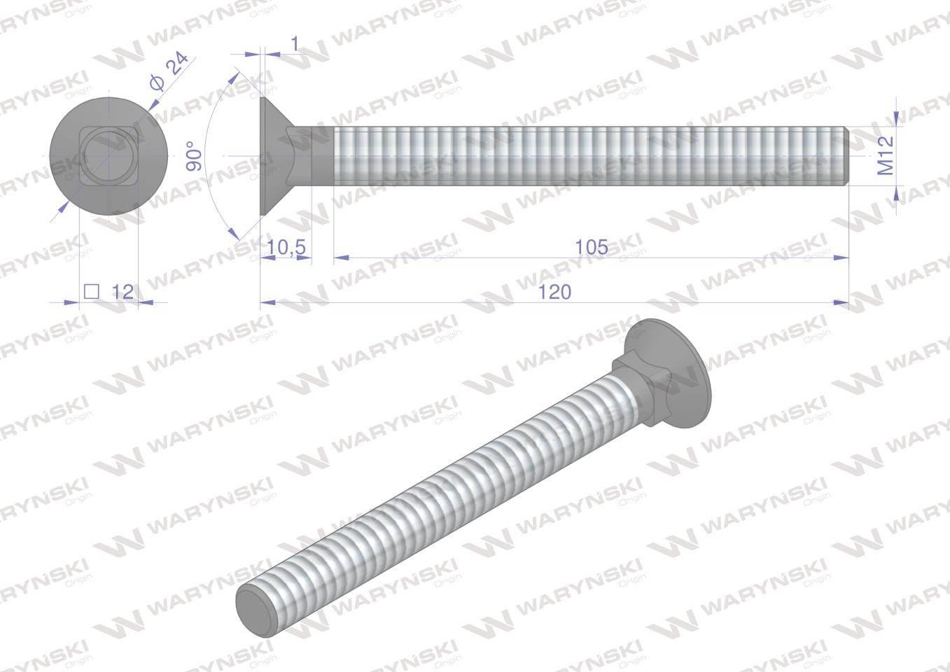 Śruba kpl. płużna podsadzana D 608 M12x120 mm kl.10.9 Waryński 10szt - zdjęcie 4