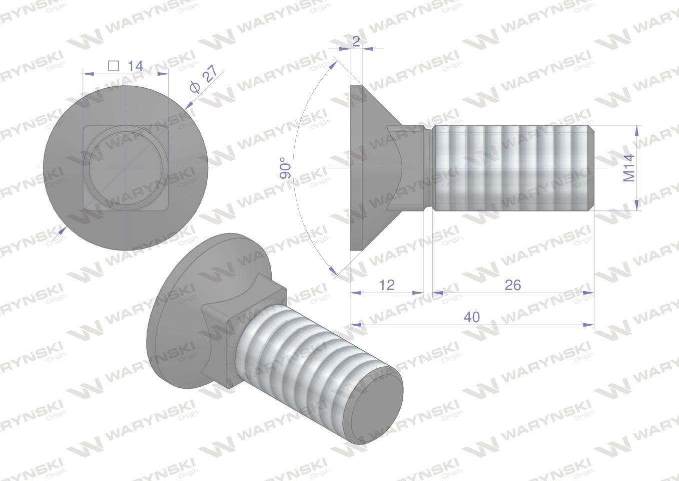 Śruba kpl. płużna podsadzana D 608 M14x40 mm kl.10.9 Waryński 10szt - zdjęcie 5