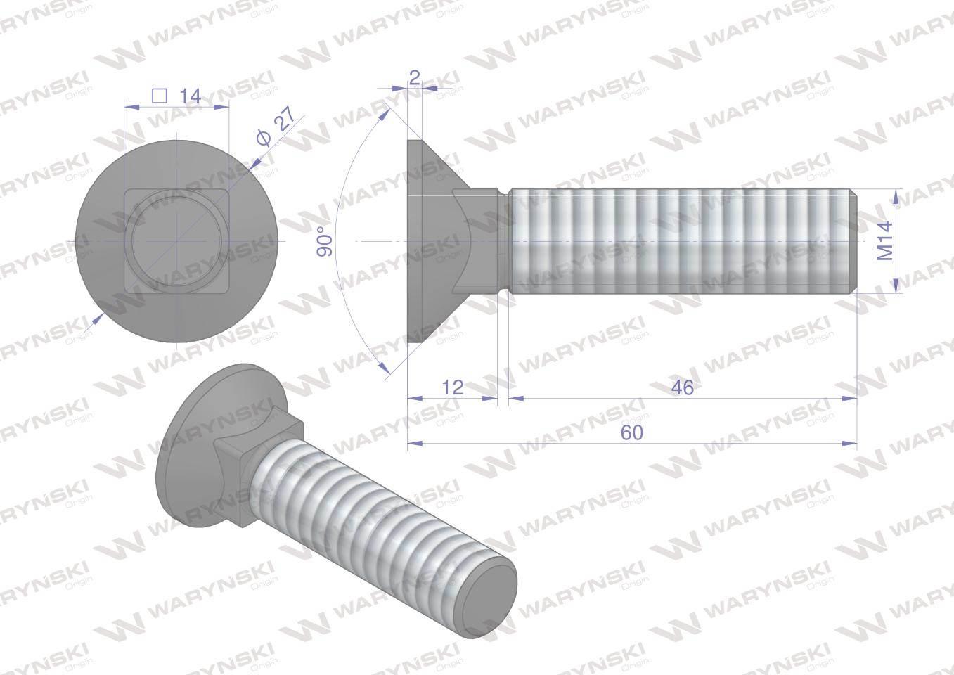 Śruba kpl. płużna podsadzana D 608 M14x60 mm kl.10.9 Waryński 10szt - zdjęcie 5