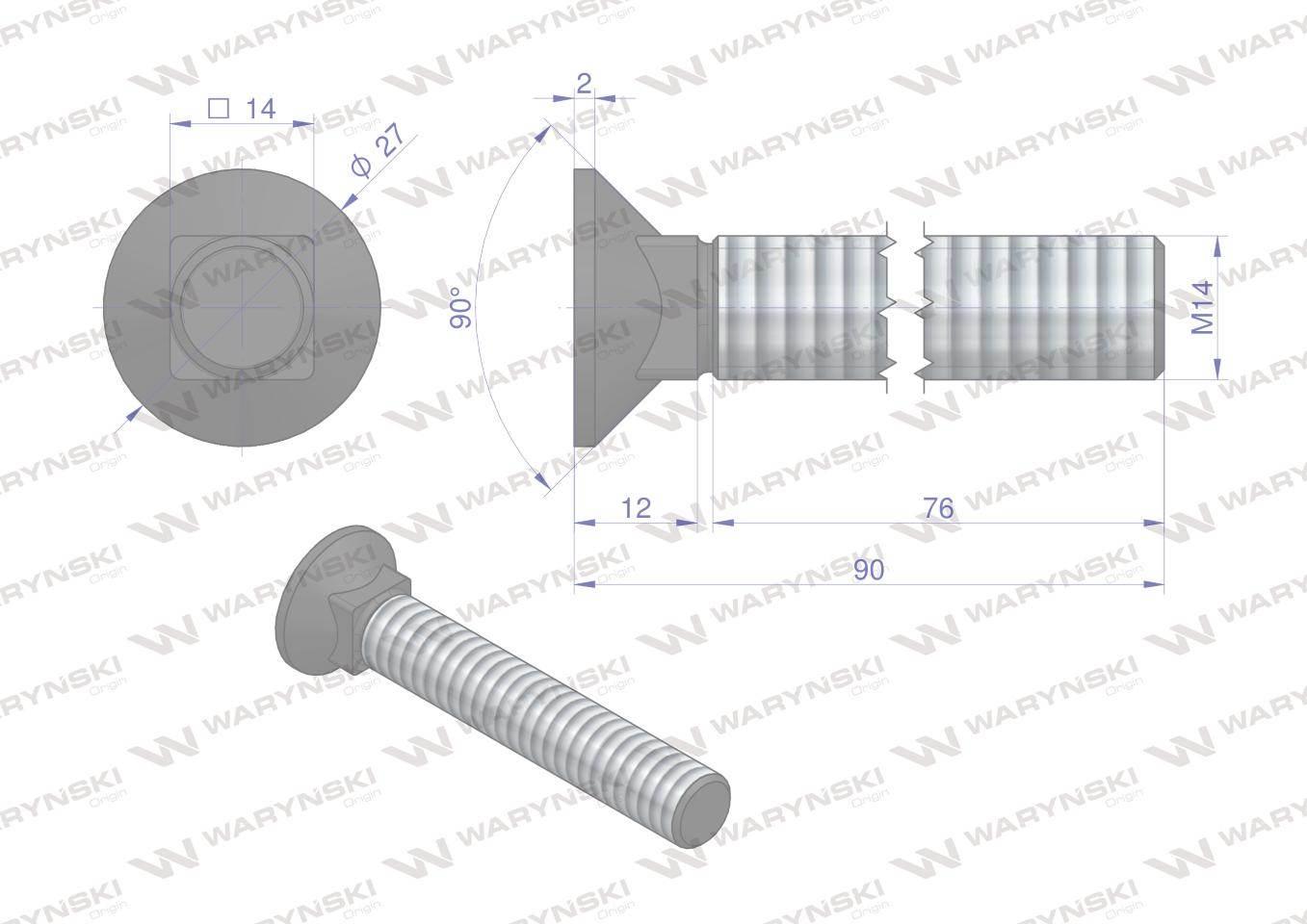 Śruba kpl. płużna podsadzana D 608 M14x90 mm kl.10.9 Waryński 10szt - zdjęcie 5