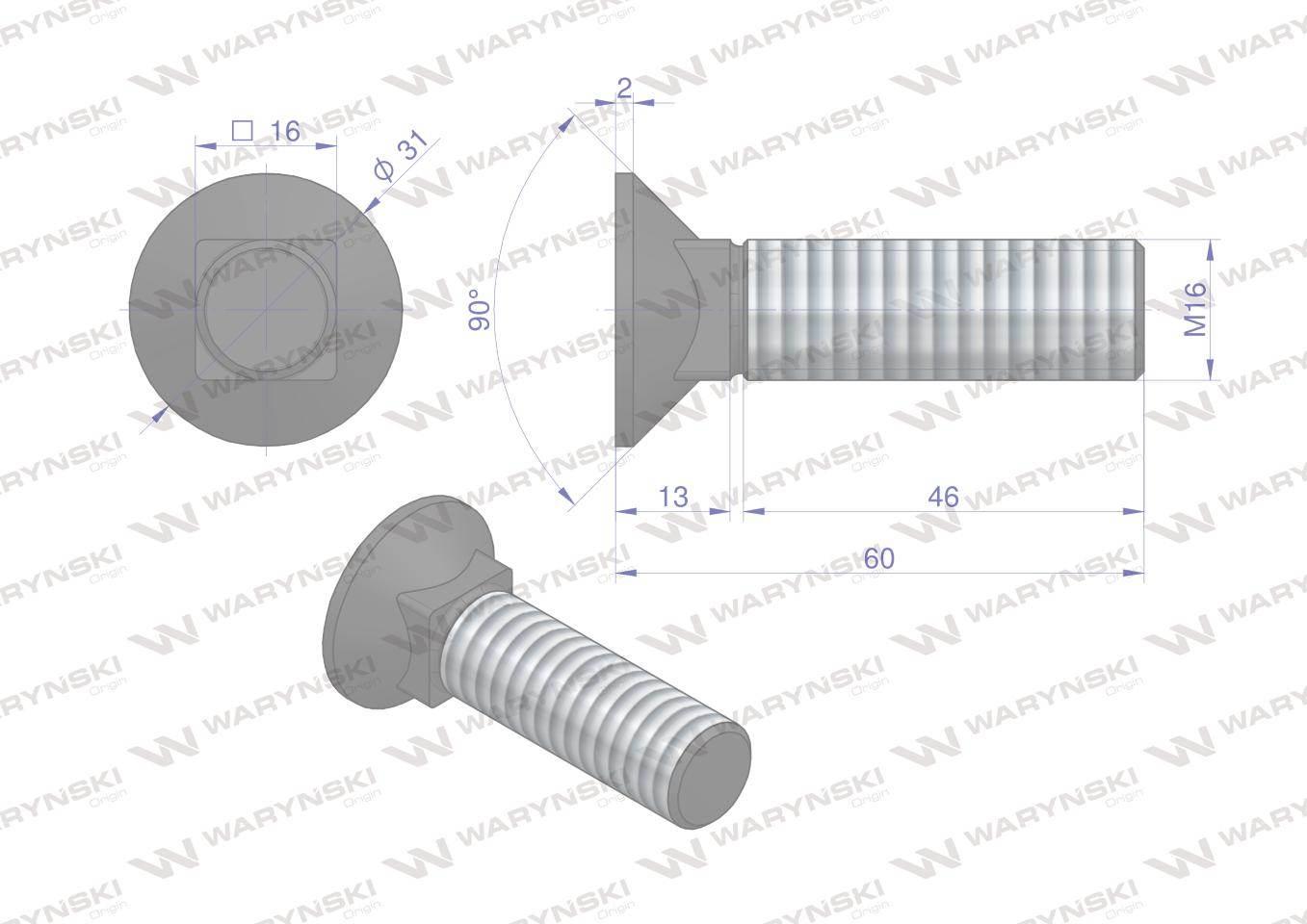 Śruba kpl. płużna podsadzana D 608 M16x60 mm kl.10.9 Waryński 10szt - zdjęcie 5