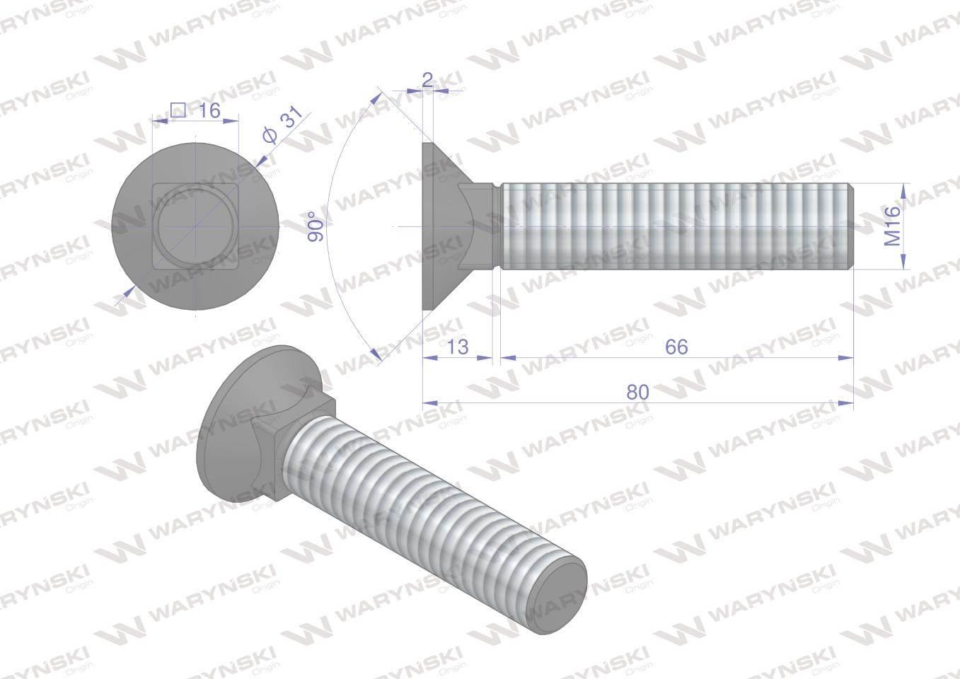 Śruba kpl. płużna podsadzana D 608 M16x80 mm kl.10.9 Waryński 10szt - zdjęcie 5