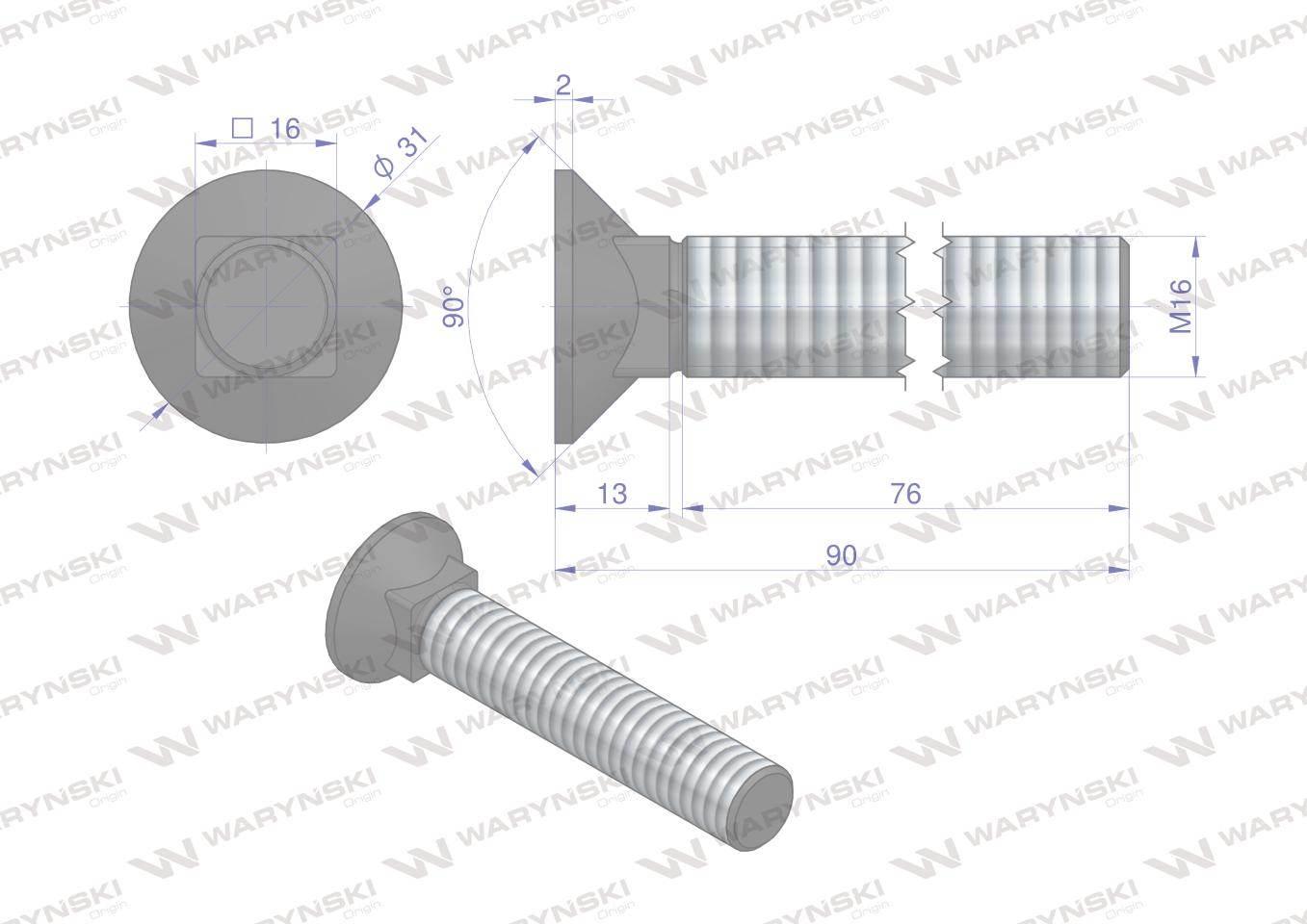 Śruba kpl. płużna podsadzana D 608 M16x90 mm kl.10.9 Waryński 10szt - zdjęcie 5