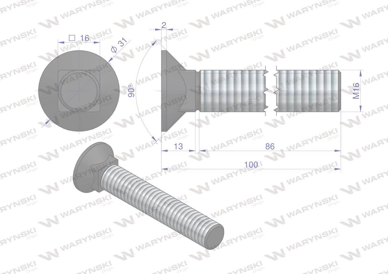 Śruba kpl. płużna podsadzana D 608 M16x100 mm kl.10.9 Waryński 10szt - zdjęcie 5