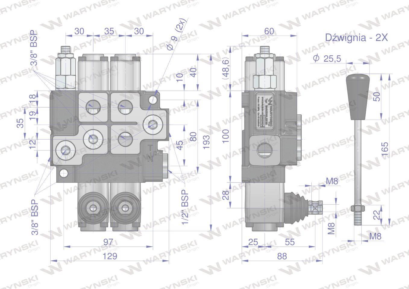 Rozdzielacz hydrauliczny 2-sekcyjny max przepływ 40L (1-sekcja nurnikowa) W - zdjęcie 3