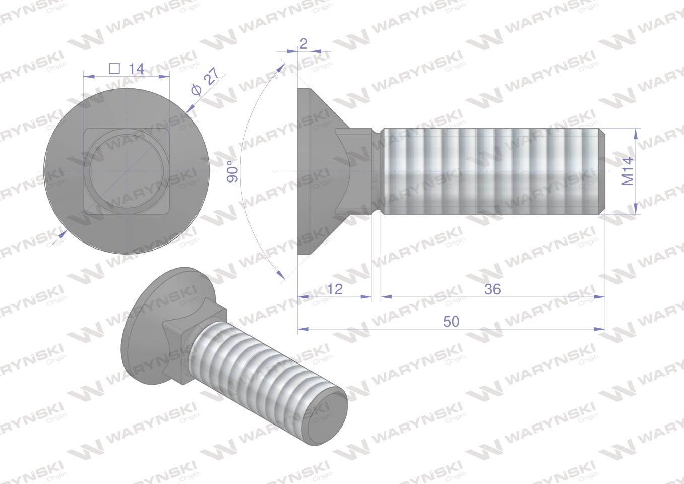 Śruba kpl. płużna podsadzana D 608 M14x50 mm kl.10.9 Waryński 10szt - zdjęcie 4