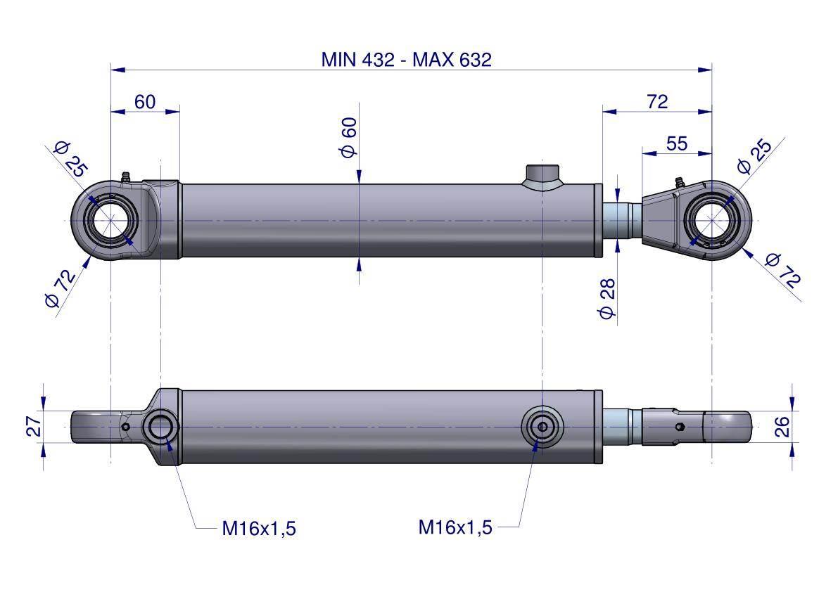 Cylinder hydrauliczny (siłownik) CJF-50/28/200 (sworzeń 25mm) krokodyl Tur - zdjęcie 2