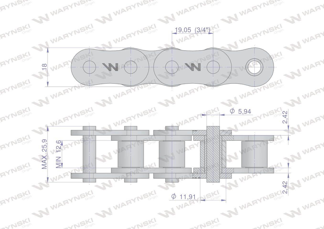 Łańcuch rolkowy 12A-1 ANSI A 60 (R1 3/4) Waryński 20szt W-L12A1-20M - zdjęcie 2