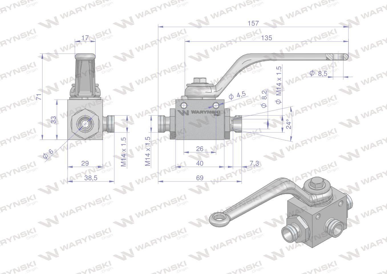 Zawór kulowy hydrauliczny 3-drogowy 3/2 M14x1.5 08L z otworami mocującymi 5 - zdjęcie 3