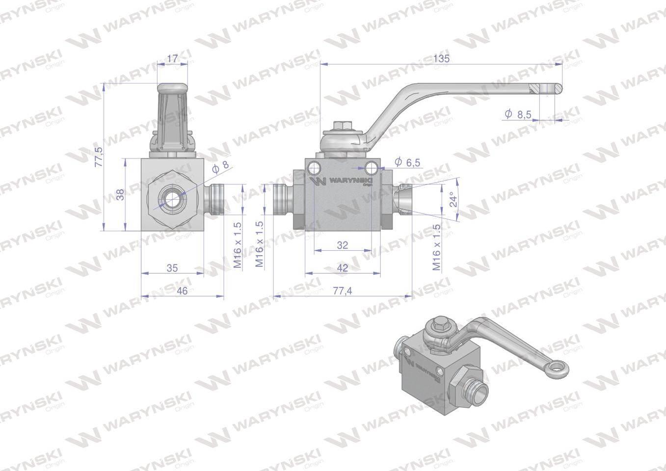 Zawór kulowy hydrauliczny 3-drogowy 3/2 M16x1.5 10L z otworami mocującymi 5 - zdjęcie 2