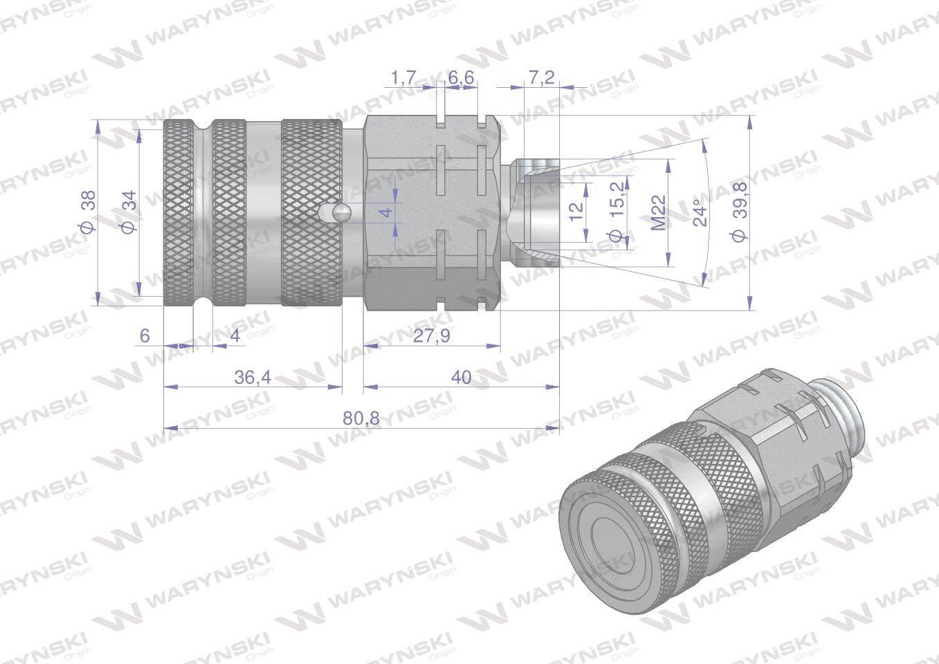 Szybkozłącze hydrauliczne suchoodcinające gniazdo M22x1.5 15L gwint zewnętr - zdjęcie 2