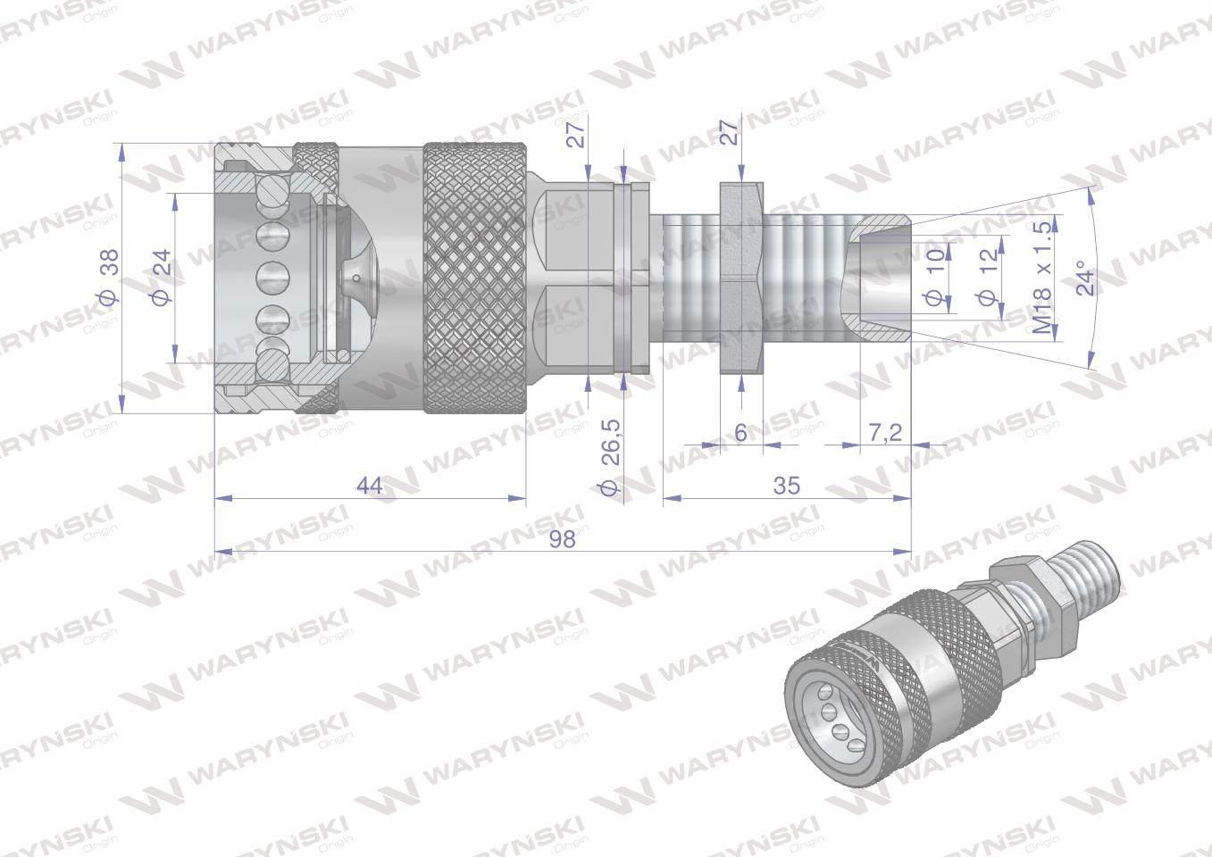 Szybkozłącze hydrauliczne gniazdo long z eliminatorem ciśnienia M18x1.5 gwi - zdjęcie 2