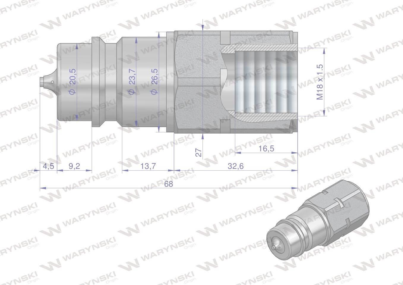 Szybkozłącze hydrauliczne wtyczka z eliminatorem ciśnienia M18x1.5 gwint we - zdjęcie 2