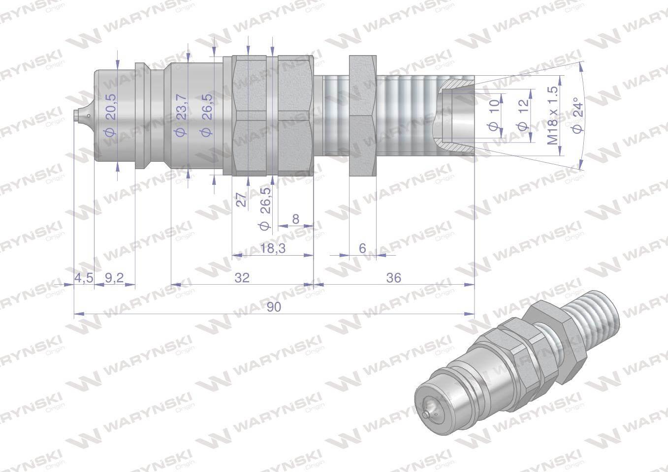 Szybkozłącze hydrauliczne wtyczka long z eliminatorem ciśnienia M18x1.5 gwi - zdjęcie 2