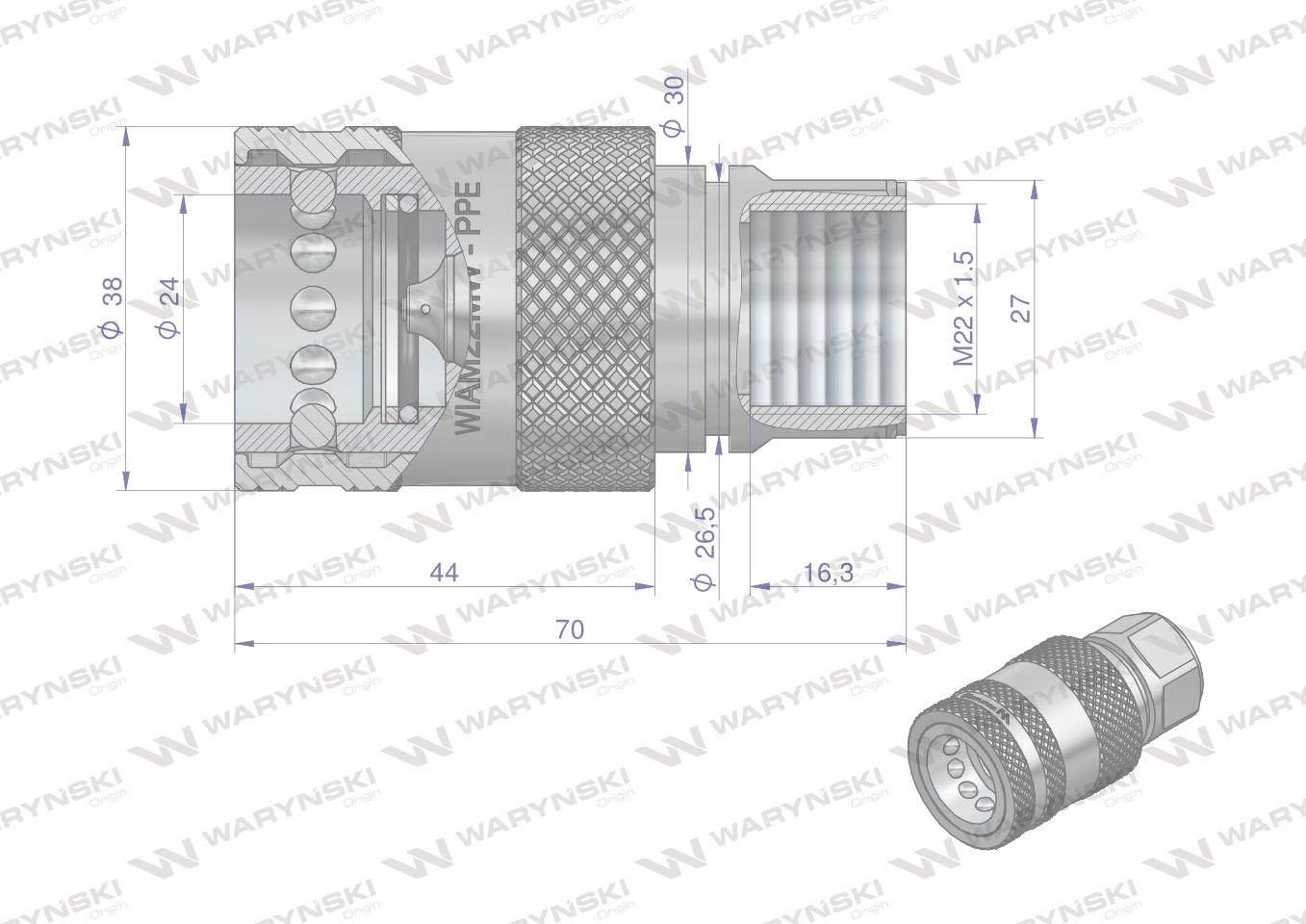 Szybkozłącze hydrauliczne gniazdo z eliminatorem ciśnienia M22x1.5 gwint we - zdjęcie 4