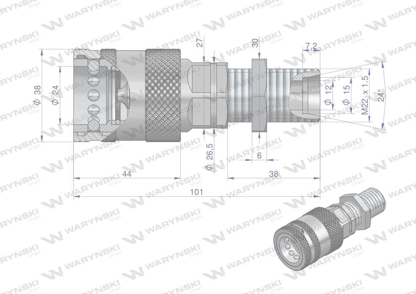 Szybkozłącze hydrauliczne gniazdo long z eliminatorem ciśnienia M22x1.5 gwi - zdjęcie 4