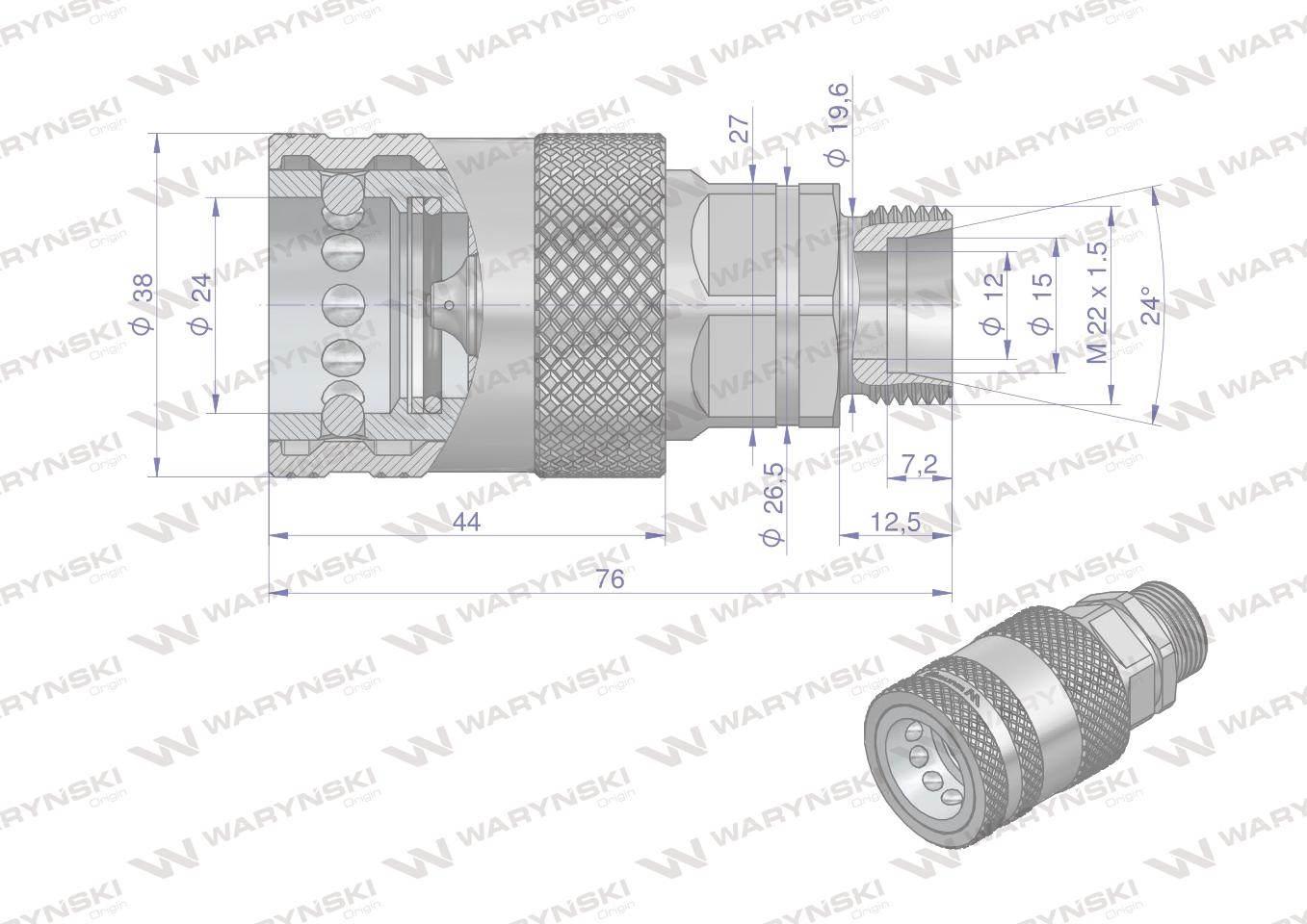 Szybkozłącze hydrauliczne gniazdo z eliminatorem ciśnienia M22x1.5 gwint ze - zdjęcie 2