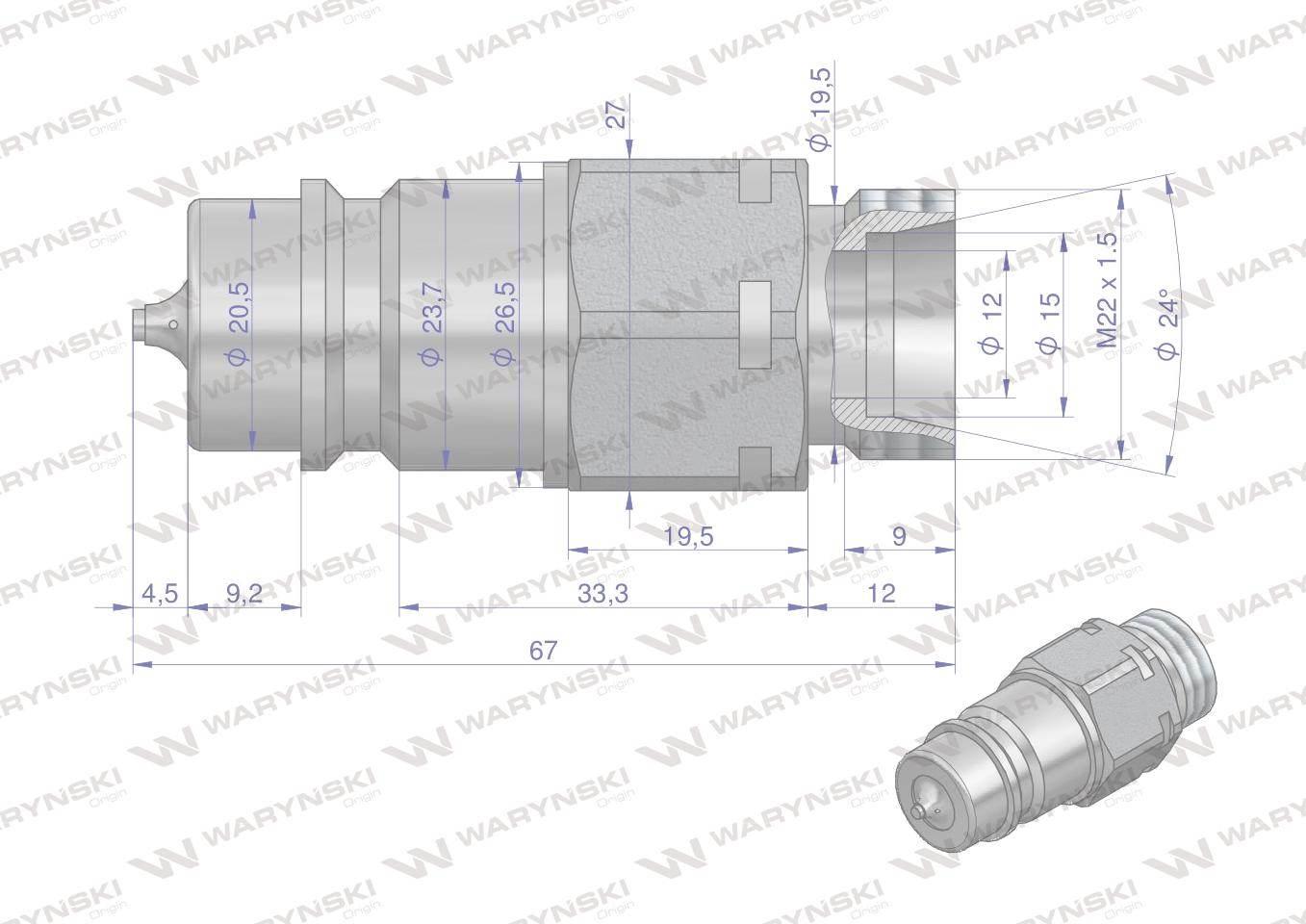 Szybkozłącze hydrauliczne wtyczka z eliminatorem ciśnienia M22x1.5 gwint ze - zdjęcie 2